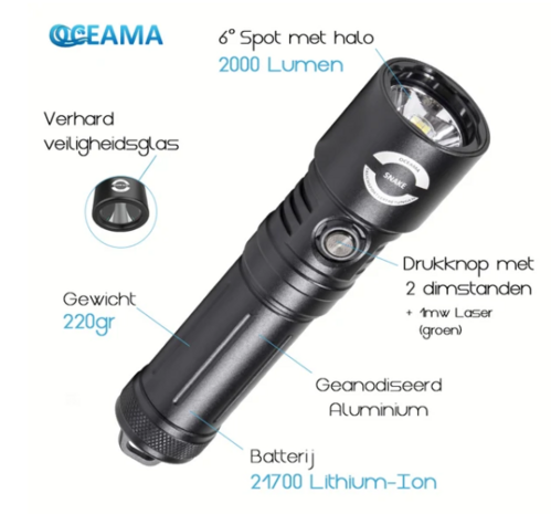 Oceama&nbsp;Snake duiklamp - LED 2000 Lumen - Met Laser 